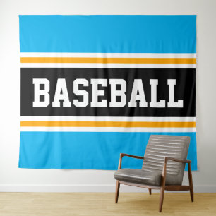 BASEBALL Bright Sky Blue Black Orange Stripes Tapestry