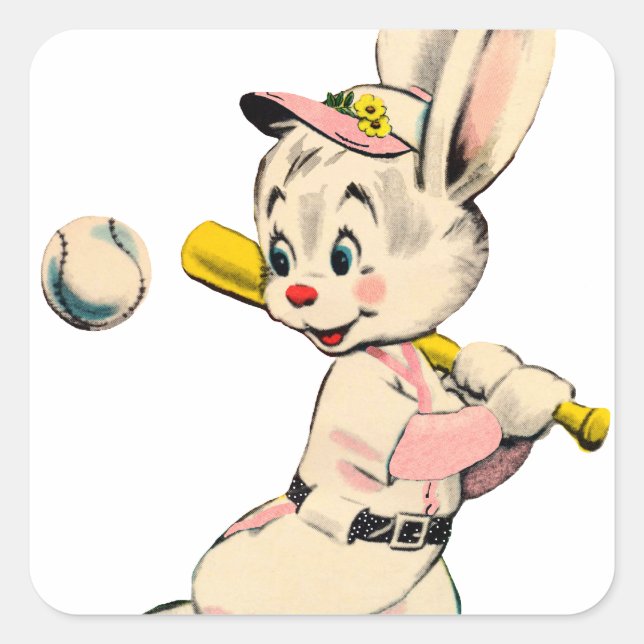 Baseball Bunny In Pink Square Sticker (Front)