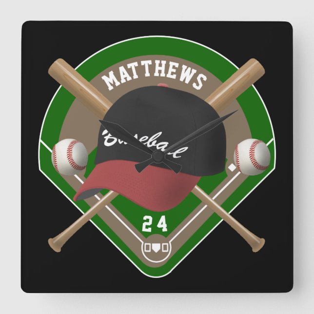 Baseball Cap Bats Diamond Personalized Name Number Square Wall Clock (Front)