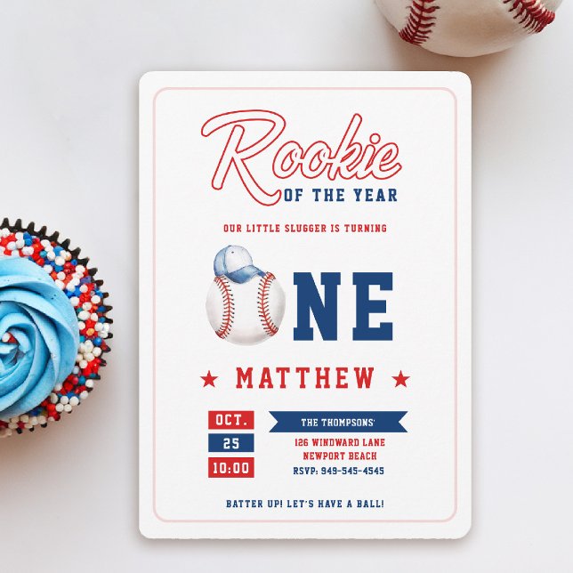 Baseball Cap Rookie Blue Red Fun Boy 1st Birthday Invitation (rookie of the year 1st birthday invite boy baseball theme sports all star red blue white milestone)