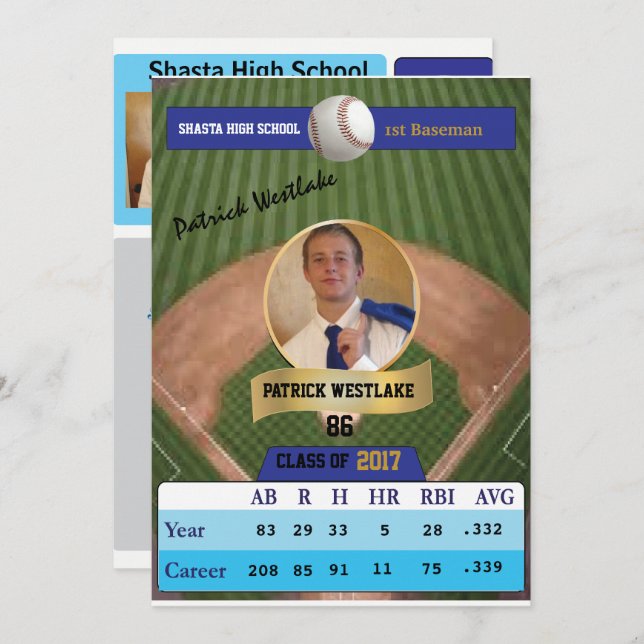 Baseball Card W/ Stats Grad Invitations - blue (Front/Back)
