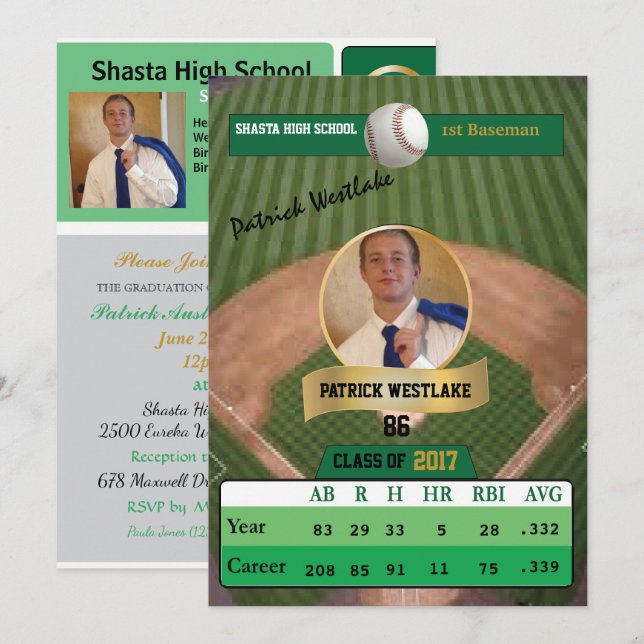 Baseball Card W/ Stats Grad Invitations - green (Front/Back)