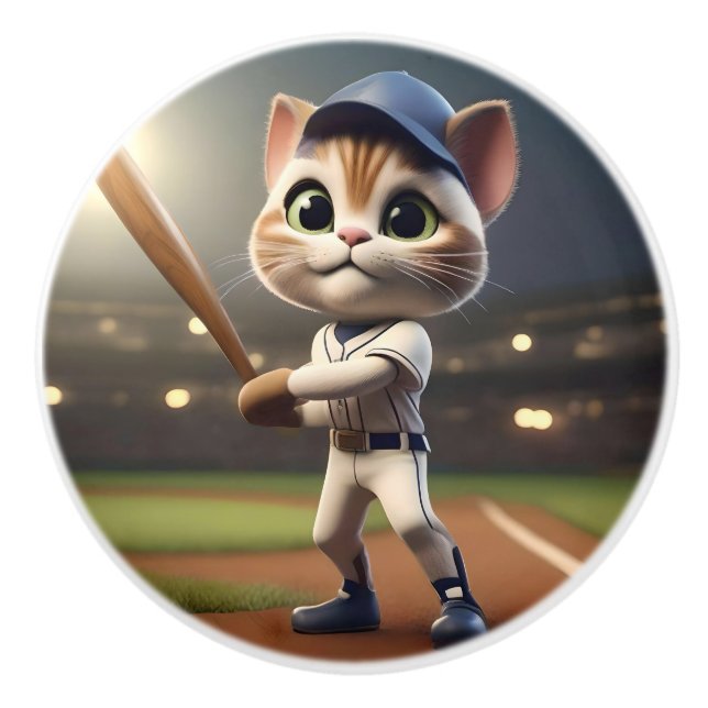 Baseball Cat Dressed Ready To Play, Ceramic Knob (Front)