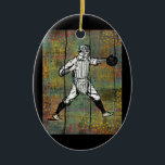 Baseball Catcher Ornament Colourful Wood<br><div class="desc">Baseball catcher on multicolored wood background with collage elements of dots,  patterns and numbers.</div>
