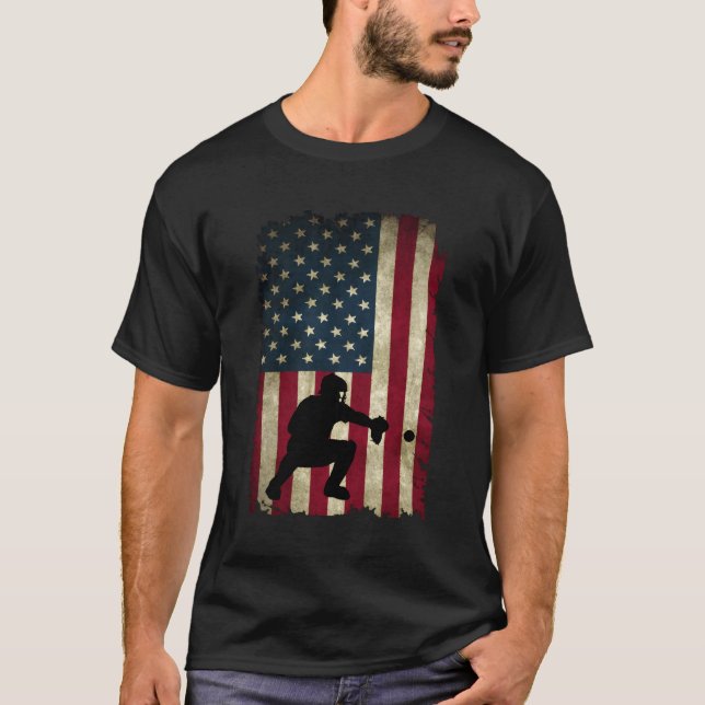 Baseball Catchers Gear American Flag Baseballin T-Shirt (Front)