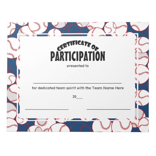 Baseball Certificates of Participation Notepad (Front)