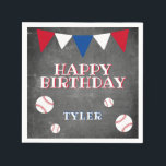 Baseball Chalkboard Kids Birthday Party Napkin<br><div class="desc">Modern Baseball Chalkboard Kids Birthday Party Napkin // Cute baseball birthday party napkin for children. The design has baseballs and bunting flags in red, white and blue colours on the chalkboard background. Personalize this birthday party napkin with a child`s name. Great for a boy who loves baseball and other sports....</div>