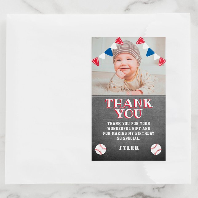 Baseball Chalkboard Kids Photo Birthday Thank you Sticker (Creator Uploaded)