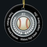 Baseball Champion Player School Black Ceramic Ornament<br><div class="desc">Create a personalized baseball ornament for your favourite school team player. Features a baseball with handsome design. Add your players team number, championship status, year, school name or other customized text. White and silver grey colour design is perfect for your holiday Christmas tree. Black background colour can be changed to...</div>