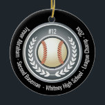 Baseball Champion Player School Black Ceramic Ornament<br><div class="desc">Create a personalized baseball ornament for your favourite school team player. Features a baseball with handsome design. Add your players team number, championship status, year, school name or other customized text. White and silver grey colour design is perfect for your holiday Christmas tree. Black background colour can be changed to...</div>