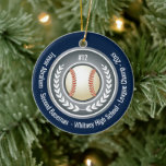 Baseball Champion Player School Silver Gray Blue Ceramic Ornament<br><div class="desc">Create a personalized baseball ornament for your favorite school team player. Features a baseball with handsome design. Add your players team number, championship status, year, school name or other customized text. White and silver gray color design is perfect for your holiday Christmas tree. Blue background color can be changed to...</div>