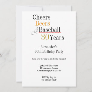 Baseball Cheers and Beers 30th Birthday Party Invitation