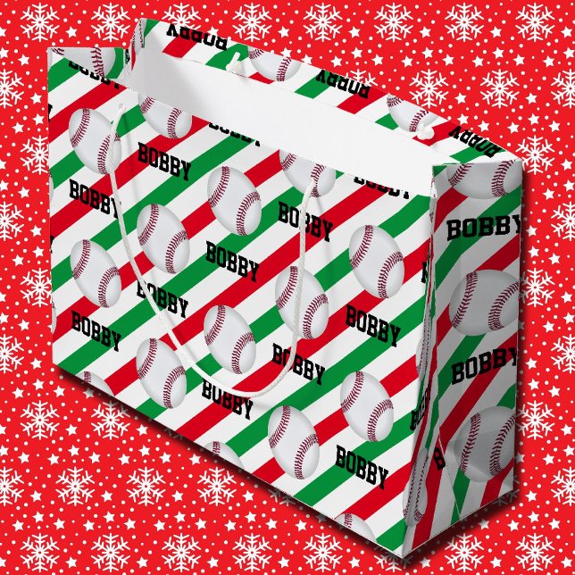 Baseball Christmas Add Name Stripe Red n Green Large Gift Bag (Creator Uploaded)
