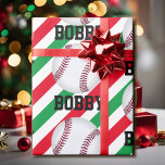 Baseball Christmas Add Name Stripe Red n Green Wrapping Paper<br><div class="desc">Baseball Christmas Add Name Stripe Red n Green Wrapping Paper</div>