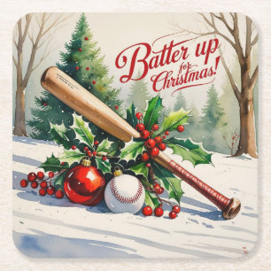Baseball Christmas “Batter Up for Christmas!” Square Paper Coaster