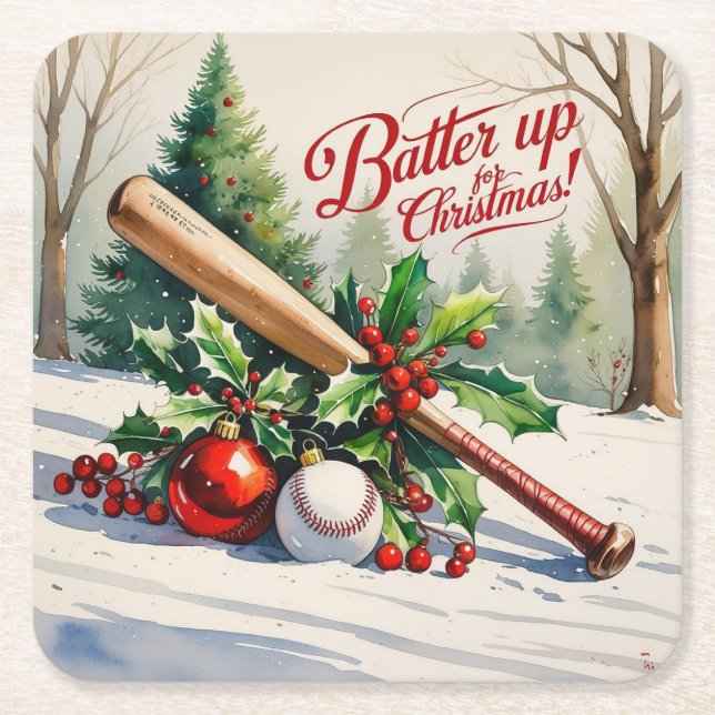 Baseball Christmas “Batter Up for Christmas!” Square Paper Coaster (Front)