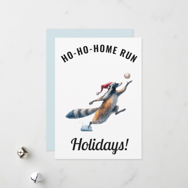 Baseball Christmas Card – Raccoon “Ho-Ho-Home Run” (Front/Back In Situ)