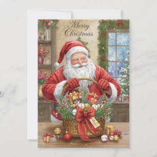 Baseball Christmas  Santa Claus and gift basket Holiday Card