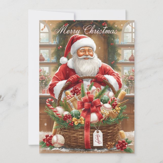 Baseball Christmas  Santa Claus and gift basket Holiday Card (Front)