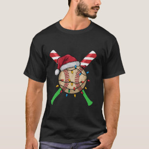 Baseball Christmas Santa Hat Lights Candy Cane Bat T-Shirt
