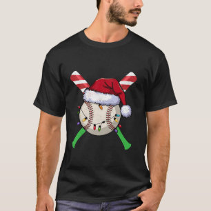 Baseball Christmas Santa Hat Lights Candy Cane Bat T-Shirt