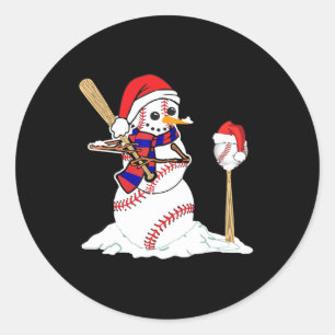Baseball Christmas Snowman Playing Baseball Classic Round Sticker