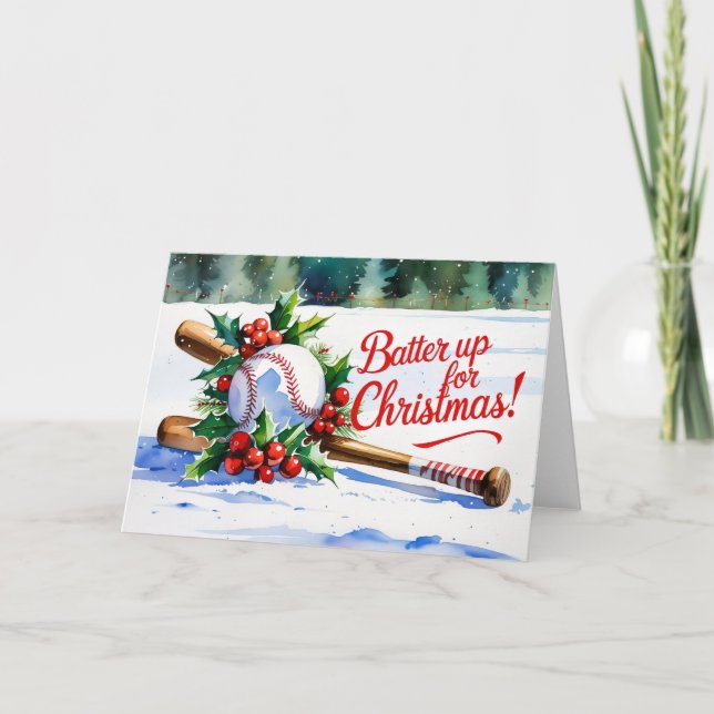 Baseball Christmas themed Batter Up for Christmas! Holiday Card (Front)