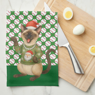 Baseball Christmas themed for cat lovers Kitchen Towel