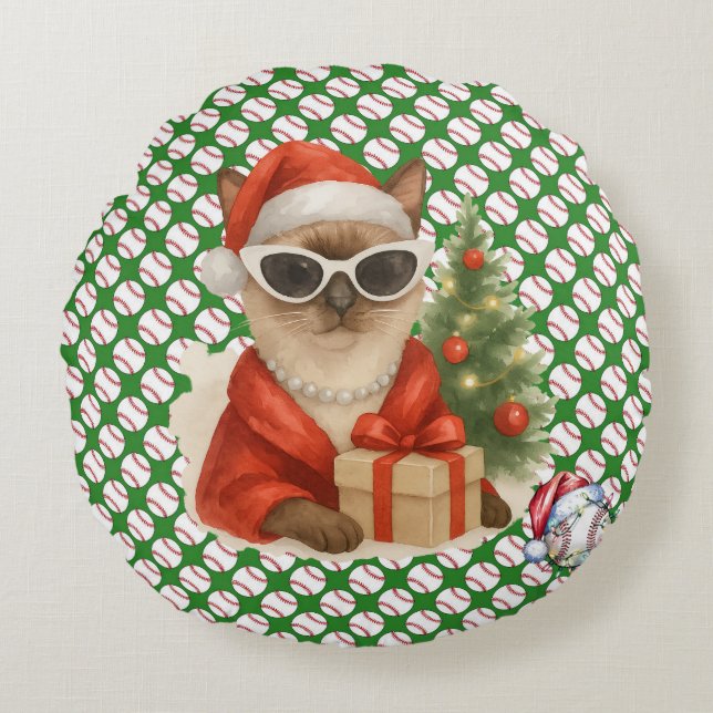 Baseball Christmas themed for Cat Lovers  Round Pillow (Front)