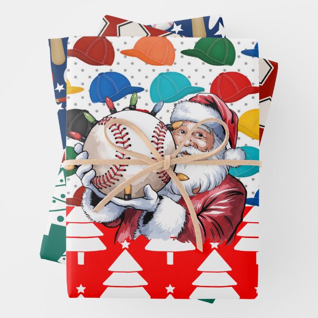 Baseball Christmas themed with Santa Claus  Wrapping Paper Sheet (In situ)