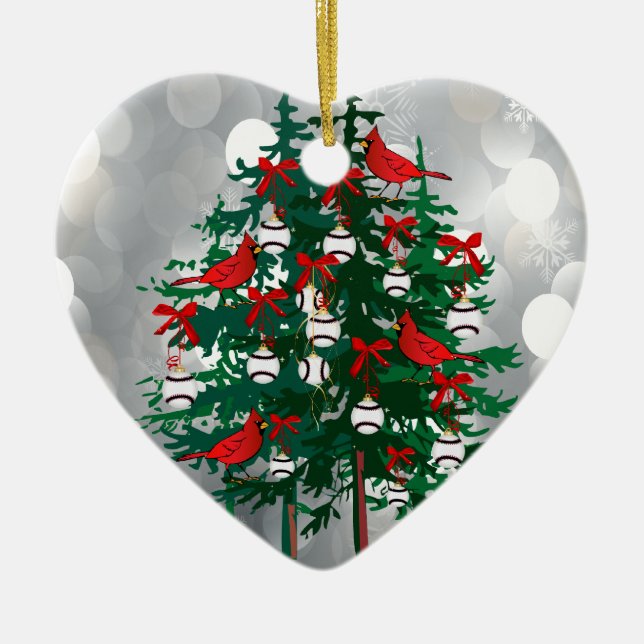 Baseball Christmas Tree with Red Birds Ceramic Ornament (Front)