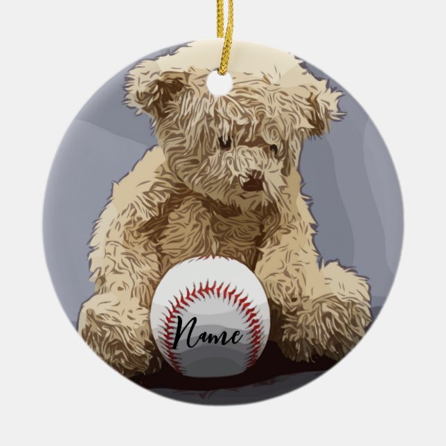 Baseball Christmas with ball and Teddy Bear Ceramic Ornament (Front)