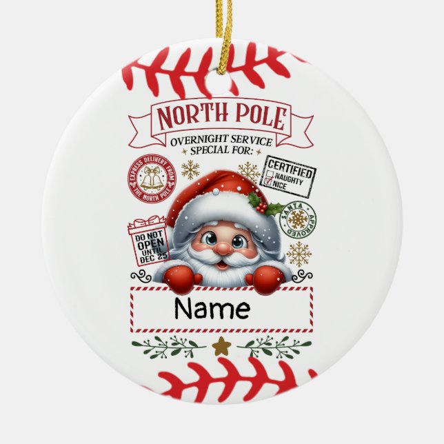 Baseball Christmas with ball Cute  Santa Claus   Ceramic Ornament (Front)