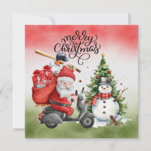 Baseball Christmas with Santa Claus and Snowman Holiday Card