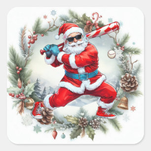Baseball Christmas with Santa Claus Square Sticker