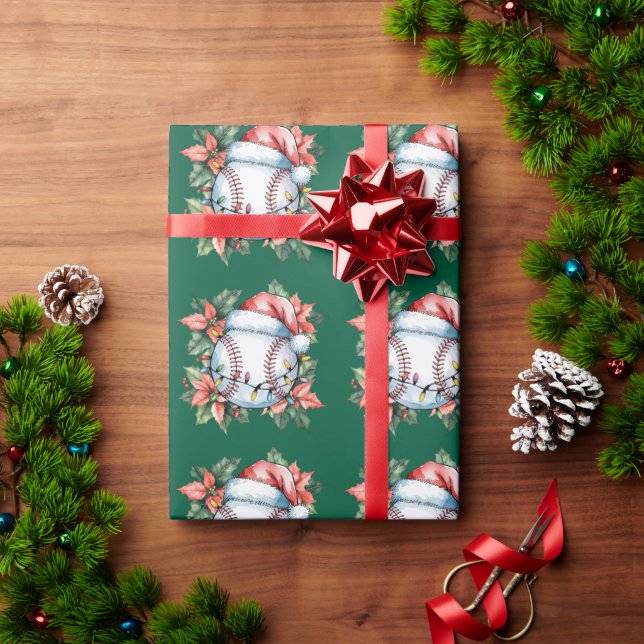 Baseball Christmas with Santa hat  Wrapping Paper (Holiday Gift)