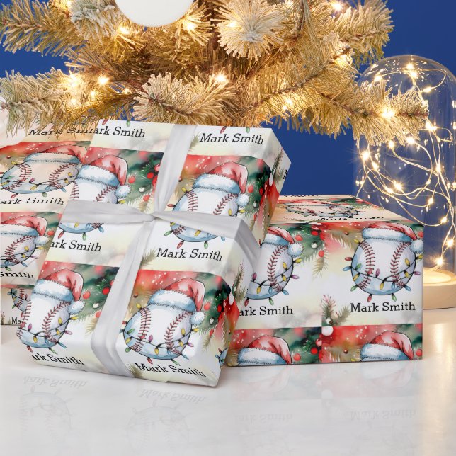 Baseball  Christmas with Santa Hat  Wrapping Paper (Holidays)