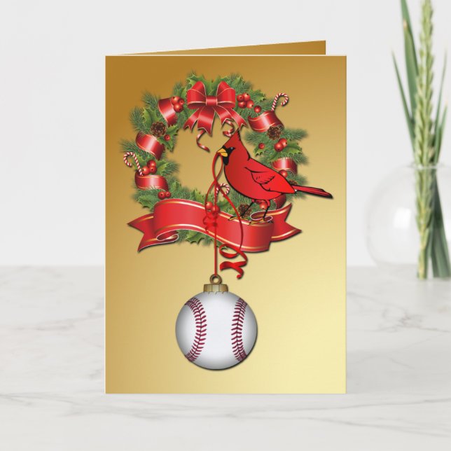 Baseball Christmas Wreath with Red Bird Holiday Card (Front)