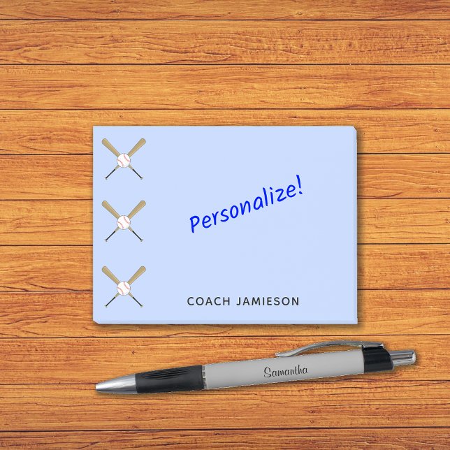 Baseball coach personalized crossed bats blue post-it notes (Creator Uploaded)
