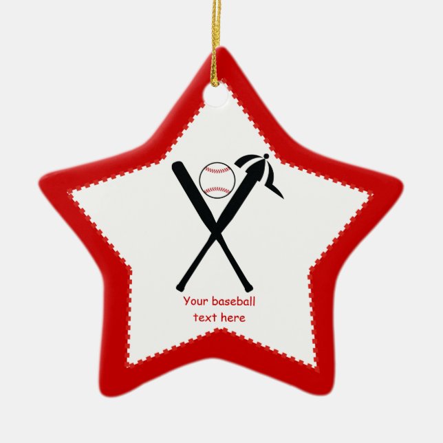 Baseball crossed bats and cap black, red custom ceramic ornament (Front)