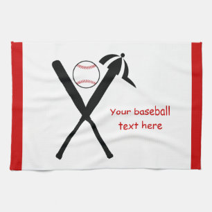 Baseball crossed bats and cap black, red custom kitchen towel
