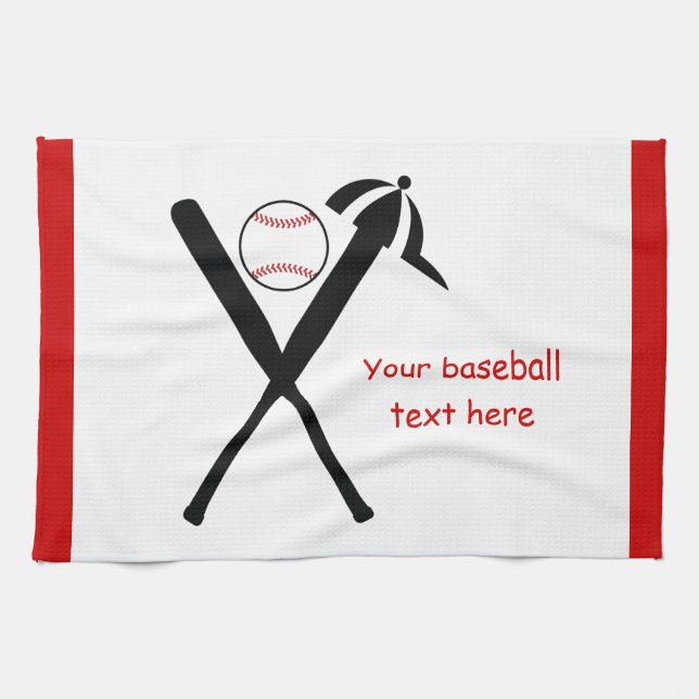 Baseball crossed bats and cap black, red custom kitchen towel (Horizontal)