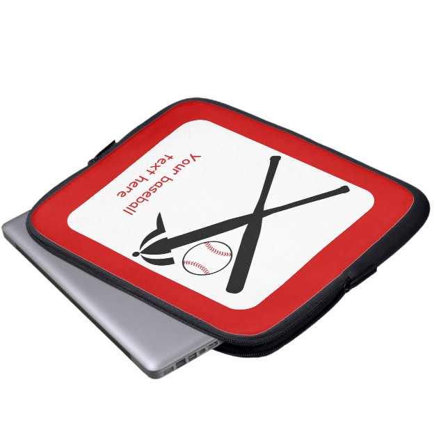 Baseball crossed bats and cap black, red custom laptop sleeve (Front Bottom)