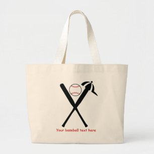 Baseball crossed bats and cap black, red custom large tote bag