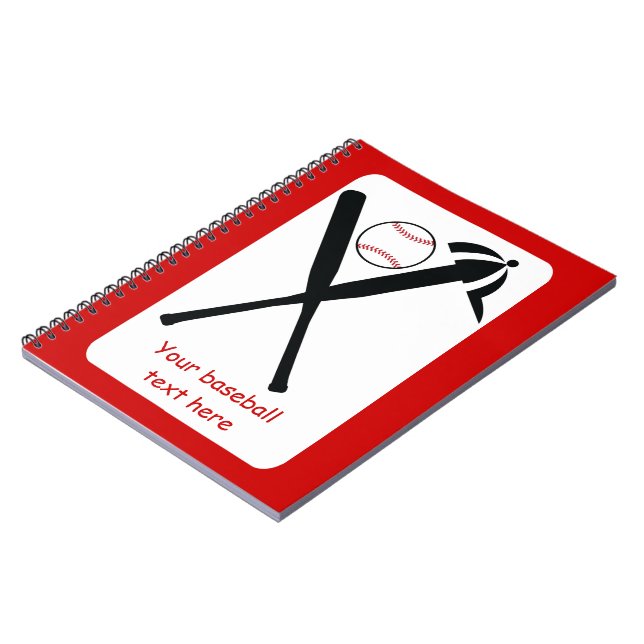 Baseball crossed bats and cap black, red custom notebook (Left Side)
