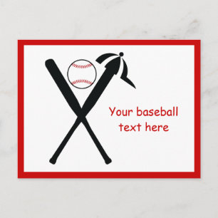 Baseball crossed bats and cap black, red custom postcard