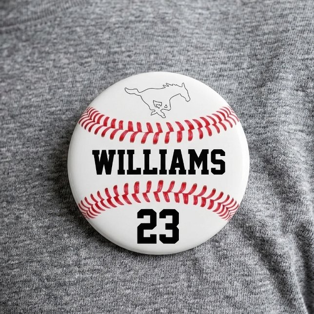 Baseball Custom Player Name Number and Team Logo 3 Inch Round Button (Personalized baseball round button with custom logo, player name and number.)