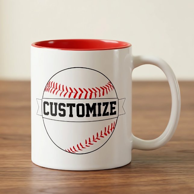 Baseball Custom Team Name and Colour Sports Fan Two-Tone Coffee Mug (Customizable baseball coffee mug on wood desk. Great for baseball coaches, players and fans.)