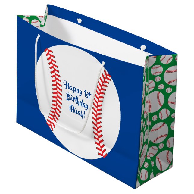 Baseball Cute Sports 1st Birthday Party Large Gift Bag (Front Angled)