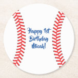 Baseball Cute Sports 1st Birthday Party Round Paper Coaster<br><div class="desc">This cute baseball sports theme party collection is perfect for a one year old with a spring or summer birthday!  Makes a great 1st birthday party theme for a boy or girl!</div>